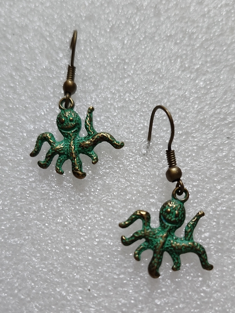 Hand Crafted Green Patina Octopus Dangle Earrings